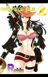 Rule 34 | 1girl, belt, black hair, bra, breasts, brown eyes, character name, cleavage, copyright name, cowboy hat, gloves, gun, hand on own hip, hat, holster, long hair, looking at viewer, midriff, navel, nico robin, nyamu (miruco), one piece, one piece film: z, open clothes, open shirt, pink bra, shirt, short shorts, shorts, smile, solo, standing, sword, thigh holster, underwear, weapon