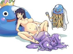 Rule 34 | 00s, 1girl, 2008, black hair, blush, breasts, colored skin, crown, dragon quest, giving birth, glasses, healslime, king slime (dragon quest), kinuko, kinuko (kinucakes), large breasts, monster girl, nipples, non-web source, nude, one eye closed, pregnant, purple hair, purple skin, red eyes, simple background, sitting, slime (dragon quest), slime (substance), slime girl, smile, spread legs, stethoscope, sweat, transparent, what, wink