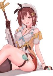 Rule 34 | 1girl, 900p, absurdres, atelier (series), atelier ryza, atelier ryza 2, belt pouch, beret, black gloves, blush, boots, braid, breasts, brown eyes, brown hair, cleavage, detached sleeves, earrings, fingerless gloves, gloves, hair between eyes, hair ornament, hat, highres, jewelry, key, key necklace, looking at viewer, medium breasts, necklace, open clothes, open collar, open mouth, open vest, pouch, red shorts, reisalin stout, shirt, short shorts, shorts, simple background, single braid, single thighhigh, skindentation, sleeveless, sleeveless shirt, solo, thigh boots, thigh strap, thighhighs, traditional media, two-tone shirt, vest, white background, white shirt, yellow vest
