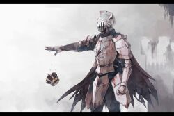 Rule 34 | 1boy, armor, blood, blood on armor, breastplate, cape, commentary request, cowboy shot, crown, ender lilies quietus of the knights, faulds, full armor, gauntlets, greaves, helm, helmet, knight, knight captain julius, letterboxed, outstretched arm, pauldrons, plate armor, shoulder armor, solo, sorakaze (mire)