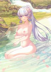 Rule 34 | 1girl, :d, absurdres, akochan, ayaka (genshin impact), bare shoulders, barefoot, blue eyes, blunt bangs, blush, breasts, collarbone, completely nude, day, flower, genshin impact, hair flower, hair ornament, highres, long hair, looking at viewer, medium breasts, nipples, nude, open mouth, outdoors, petals, pink flower, ponytail, sidelocks, sitting, smile, solo, very long hair, wariza, water, waterfall, white hair