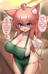 Rule 34 | 1girl, ahoge, animal ears, apron, blue eyes, blurry, blurry background, breasts, brown hair, cat ears, cat girl, cat tail, collarbone, commentary, cowboy shot, cup, english commentary, english text, fang, highres, holding, holding cup, iced latte with breast milk (meme), kaptivate, lactation, lactation through clothes, large breasts, long hair, looking at viewer, meme, milk, naked apron, open mouth, original, smile, solo, starbucks, tail, very long hair