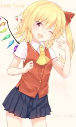 Rule 34 | 1girl, ;d, alternate costume, ascot, beige background, blonde hair, blue skirt, character name, collared shirt, crystal, dated, eyebrows, fang, flandre scarlet, hair between eyes, hair ribbon, head tilt, heart, highres, kisamu (ksmz), looking at viewer, one eye closed, open mouth, pleated skirt, red eyes, red ribbon, red vest, ribbon, shirt, short sleeves, side ponytail, signature, simple background, skirt, smile, solo, text focus, touhou, vest, white shirt, wings