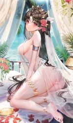 Rule 34 | 1girl, anklet, arabian clothes, armlet, ass, bare shoulders, black hair, blush, breasts, chiachun0621, crown, curtains, dancer, fate/grand order, fate (series), feet, flower, from side, full body, hair flower, hair ornament, hair ribbon, harem outfit, harem pants, highres, indoors, ishtar (fate), jewelry, large breasts, long hair, looking at viewer, looking to the side, medium breasts, mouth veil, no bra, on bed, panties, pants, red eyes, red flower, red rose, ribbon, rose, sideboob, thighlet, tiara, turban, underwear, veil, white panties