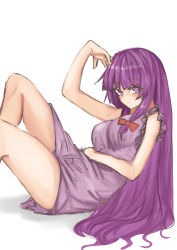 Rule 34 | 1girl, absurdres, arm up, bare arms, bare legs, blunt bangs, blush, bow, breasts, closed mouth, commentary request, covered erect nipples, dress, feet out of frame, from side, frown, hair bow, highres, knees up, kuraki, long hair, looking at viewer, nightgown, no headwear, patchouli knowledge, purple dress, purple eyes, purple hair, red bow, short dress, sidelocks, simple background, sitting, sleeveless, sleeveless dress, solo, thighs, touhou, very long hair, white background