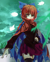 Rule 34 | 1girl, absurdres, black thighhighs, blouse, bow, cape, covered mouth, eyelashes, grass, hair bow, hand on own hip, high collar, highres, leaf, long sleeves, looking at viewer, red eyes, red hair, ripples, rock, sekibanki, shirt, short hair, skirt, solo, thighhighs, touhou, tsurime, tunic, water, willow, zettai ryouiki