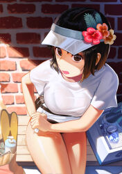 Rule 34 | 1girl, absurdres, belt, belt pouch, black belt, bottle, brick wall, brown eyes, brown hair, can, commentary, flower, hair flower, hair ornament, highres, legs together, looking at viewer, medium hair, on bench, open mouth, orange flower, original, outdoors, pouch, red flower, sb (dlwnsrl1783), see-through, see-through shirt, shirt, short hair, sitting, solo, summer, visor cap, water, wet, wet clothes, wet shirt, wringing clothes, yellow flower