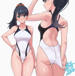 Rule 34 | 1girl, adjusting clothes, adjusting swimsuit, ass, back cutout, black hair, blue eyes, blush, breasts, circle cutout, closed mouth, clothing cutout, commission, competition swimsuit, covered navel, cowboy shot, from behind, gridman universe, groin, hand on own hip, high ponytail, highleg, highleg swimsuit, highres, long hair, medium breasts, multiple views, one-piece swimsuit, parted lips, pixiv commission, simple background, smile, ssss.gridman, swimsuit, takarada rikka, thigh gap, thighs, variant set, white background, white one-piece swimsuit, yoo tenchi