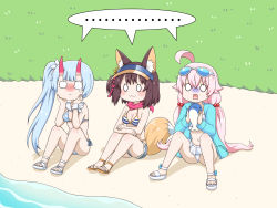 Rule 34 | 3girls, absurdres, animal ears, beach, blue archive, blue hair, chise (blue archive), chise (swimsuit) (blue archive), fox ears, fox tail, greenteaneko, hair ornament, highres, horns, hoshino (blue archive), hoshino (swimsuit) (blue archive), izuna (blue archive), izuna (swimsuit) (blue archive), multiple girls, parka, pink hair, sandals, scarf, swimsuit, tail