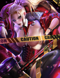 Rule 34 | 1girl, artist name, asymmetrical clothes, batman (series), belt, blonde hair, blue eyes, bracelet, breasts, breasts out, candy, caution tape, censored, convenient censoring, corset, dc comics, detached collar, earrings, female focus, fingerless gloves, food, gloves, green nails, hammer, harley quinn, jacket, jewelry, large breasts, lipstick, lollipop, long hair, looking at viewer, makeup, nail polish, open clothes, open jacket, caution tape, red lips, sakimichan, single fingerless glove, single glove, sitting, solo, spiked bracelet, spikes, thighhighs, torn clothes, torn thighhighs, twintails