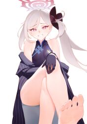 Rule 34 | 1girl, absurdres, bare shoulders, barefoot, black dress, black gloves, blue archive, china dress, chinese clothes, cosplay, crossed legs, dress, feet, flower, foreshortening, gloves, grey hair, grin, hair flower, hair ornament, halo, highres, jacket, kisaki (blue archive), kisaki (blue archive) (cosplay), long hair, looking at viewer, mutsuki (blue archive), presenting foot, purple eyes, serelith, side ponytail, simple background, sitting, sleeveless, sleeveless dress, smile, soles, solo, striped clothes, striped jacket, toes, white background