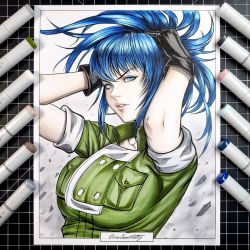 Rule 34 | 1girl, adjusting hair, black gloves, blue eyes, blue hair, closed mouth, earrings, gloves, green jacket, green shirt, hair between eyes, high ponytail, jacket, jewelry, leona heidern, long hair, marker (medium), shirt, sleeves rolled up, solo, the king of fighters, traditional media, tying hair, tyto alba