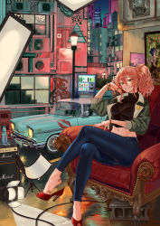 Rule 34 | 1girl, absurdres, armchair, bandaid, bandaid on foot, bottle, breasts, car, chair, city lights, cityscape, cleavage, crossed legs, earrings, easy chair, full body, graffiti, grin, hair between eyes, hand up, high heels, high ponytail, highres, huge filesize, idolmaster, idolmaster cinderella girls, jacket, jewelry, jougasaki mika, lamppost, lipstick, long hair, looking at viewer, makeup, medium breasts, midriff, motor vehicle, navel, no socks, open clothes, open jacket, pants, photo (object), poster (object), red hair, ring, see-through, shirt, shoes, sitting, smile, snarkhunt, solo, stage lights, stomach, toes, turtleneck, vending machine, watch, wristwatch, yellow eyes