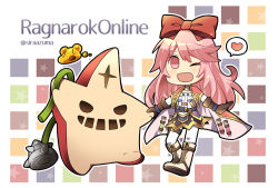 Rule 34 | 1girl, :d, blush, bow, brown gloves, cape, chibi, commentary request, copyright name, full body, genetic (ragnarok online), gloves, hair bow, heart, long hair, looking at viewer, official alternate costume, one eye closed, open mouth, pants, pink eyes, pink hair, ragnarok online, red bow, red cape, red eruma, shiraazuma, smile, spoken heart, starfish, vial, white pants