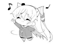Rule 34 | 1girl, amatsukaze (kancolle), ataru (ataru-littlebird), chibi, choker, dancing, dress, eighth note, food, greyscale, hair tubes, hat, kantai collection, lifebuoy ornament, mini hat, monochrome, musical note, pudding, quarter note, sailor collar, sailor dress, smile, smokestack hair ornament, solo, thighhighs, two side up