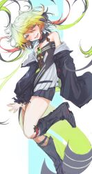 Rule 34 | 1girl, 1other, armpit crease, bare shoulders, black footwear, black hair, black jacket, black skirt, blonde hair, blush, boots, detached collar, diandian quan, fang, floating hair, foot up, full body, gradient hair, green eyes, green nails, hair between eyes, head tilt, highres, jacket, jacket partially removed, knee boots, long hair, looking at viewer, melissa kinrenka, miniskirt, multicolored clothes, multicolored hair, multicolored jacket, nijisanji, off-shoulder shirt, off shoulder, open hand, open mouth, outside border, pillarboxed, red hair, shirt, skin fang, skirt, smile, solo, squinting, twintails, two-tone jacket, virtual youtuber, white jacket