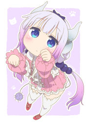 Rule 34 | 1girl, blush, border, capelet, child, clenched hands, commentary request, dragon girl, dragon horns, dress, expressionless, eyelashes, frilled capelet, frills, from above, gradient hair, hair ribbon, hands up, highres, horns, kanna kamui, kobayashi-san chi no maidragon, light purple hair, long hair, looking at viewer, multicolored hair, paw pose, pink dress, ponytail, puffy sleeves, purple background, purple hair, red footwear, ribbon, samansa ex, sidelocks, solo, tail, thighhighs, thighs, white border, white thighhighs