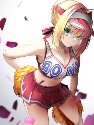 Rule 34 | 1girl, ahoge, alternate costume, bare arms, bare shoulders, breasts, cheerleader, closed eyes, closed mouth, clothes writing, collarbone, crop top, fate/grand order, fate (series), gradient background, hair bun, hair intakes, hair ribbon, hat, highres, leaning forward, looking at viewer, medium breasts, miniskirt, navel, nero claudius (fate), nero claudius (fate) (all), nero claudius (fate/extra), nirai kanai, petals, pink hat, pleated skirt, pom pom (cheerleading), red ribbon, red skirt, ribbon, short hair, sidelocks, single hair bun, skirt, sleeveless, smile, solo, visor cap, white background