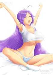 Rule 34 | 1girl, artist name, awake, breasts, covered erect nipples, closed eyes, highres, kainkout, large breasts, long hair, navel, open mouth, original, panties, purple hair, signature, simple background, socks, solo, underboob, underwear, very long hair, white background