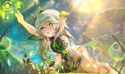 Rule 34 | 1girl, absurdres, all fours, arm up, bare shoulders, blue sky, blush, bracelet, breasts, commentary, crossed bangs, detached sleeves, dress, flower, flower-shaped pupils, genshin impact, grass, green dress, green eyes, grey hair, hair between eyes, hand up, highres, janyhero, jewelry, leaf, long hair, long sleeves, looking to the side, medium breasts, nahida (genshin impact), nature, open mouth, outdoors, pointy ears, ponytail, scenery, sky, solo, sparkle, star (symbol), sun, sunlight, symbol-shaped pupils, tree, white dress, wide sleeves