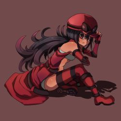 Rule 34 | 1girl, bare shoulders, black hair, boots, borokuro, brown eyes, cape, creatures (company), elbow gloves, fingerless gloves, full body, game freak, gen 5 pokemon, gloves, goggles, goggles on headwear, hat, highres, krookodile, long hair, looking at viewer, midriff, nintendo, open mouth, personification, pokemon, red cape, red footwear, red gloves, red hat, red thighhighs, shadow, sitting, solo, striped clothes, striped thighhighs, thighhighs