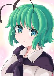 Rule 34 | 1girl, :o, adda, antennae, black cape, cape, collarbone, green eyes, green hair, highres, looking at viewer, one-hour drawing challenge, open mouth, short hair, solo, touhou, upper body, wriggle nightbug