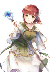 Rule 34 | 1girl, blue shirt, bracelet, cape, closed mouth, collarbone, cowboy shot, elbow gloves, feather hair ornament, feathers, fire emblem, fire emblem: the blazing blade, gloves, green eyes, hair ornament, highres, holding, holding staff, jewelry, leaning forward, long skirt, multiple girls, nintendo, priscilla (fire emblem), red hair, shirt, short hair, simple background, skirt, smile, solo, staff, standing, tarayuki, white background, white cape, white feathers, white gloves, white skirt