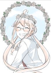 Rule 34 | 1girl, closed eyes, collared shirt, commentary request, double bun, dress shirt, facing viewer, glasses, grin, hair bun, head wreath, kantai collection, long sleeves, makigumo (kancolle), pink hair, shirt, smile, solo, tamaki., twintails, upper body, white shirt, wreath