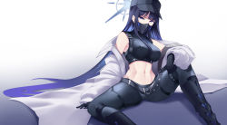 Rule 34 | 1girl, absurdres, arturaxia, bare shoulders, baseball cap, belt, black belt, black footwear, black gloves, black hair, black hat, black mask, black pants, black shirt, blue archive, blue eyes, blunt bangs, boots, breasts, buckle, chest harness, coat, commentary, covered erect nipples, covered mouth, crop top, cross-laced footwear, gloves, groin, halo, harness, hat, highres, holster, knee up, knife sheath, lace-up boots, long hair, looking at viewer, mask, medium breasts, midriff, mouth mask, navel, off shoulder, pants, saori (blue archive), shadow, sheath, shirt, simple background, sitting, sleeveless, sleeveless shirt, snap-fit buckle, solo, thigh holster, underbust, white background, white coat