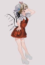 Rule 34 | 1girl, arm behind head, brown eyes, brown hair, commentary, dress, flandre scarlet, from side, grey background, hat, high heels, highres, kemushitaro, leaning forward, looking up, platform footwear, platform heels, pointy ears, red dress, solo, symbol-only commentary, touhou, white hat, wings