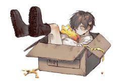 Rule 34 | 1boy, black footwear, black hair, boots, box, cardboard box, cat hair ornament, commentary request, dobunomeme, ear piercing, full body, grey eyes, hair ornament, highres, in box, in container, legs up, long sleeves, original, piercing, short hair, simple background, sweater, very short hair, white background, white sweater