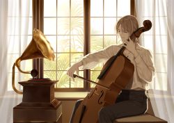 Rule 34 | 1boy, black pants, bow (music), brown hair, cello, closed mouth, collared shirt, curtains, day, closed eyes, holding, indoors, instrument, light smile, male focus, megaphone, music, original, outstretched arm, pants, phonograph, plant, playing instrument, shirt, short hair, sitting, solo, srb7606, white shirt, window