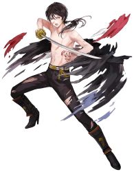 Rule 34 | 10s, 1boy, black pants, blood, boots, brown hair, earrings, full body, high heel boots, high heels, highres, injury, jewelry, kashuu kiyomitsu, katana, kiwame (touken ranbu), kumita (sumica), male focus, mole, mole under mouth, nail polish, official art, open mouth, pants, ponytail, red eyes, red nails, solo, sword, topless male, torn clothes, torn pants, touken ranbu, transparent background, weapon