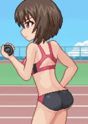 Rule 34 | 1boy, 1girl, animated, animated gif, ass, blush, bouncing breasts, breasts, brown eyes, brown hair, buruma, buruma pull, closed mouth, clothes pull, cum, cum in pussy, girls und panzer, hetero, hudero, large breasts, nishizumi maho, outdoors, pixel art, rape, sex, short hair, sky, sports bra, time stop, vaginal