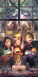 Rule 34 | 1girl, 2boys, :d, anniversary, baseball cap, blue oak, brown hair, bulbasaur, cake, candle, charmander, closed eyes, commentary request, creatures (company), eevee, fire, fireworks, food, game freak, gen 1 pokemon, glass, green (pokemon), hat, highres, jacket, jewelry, liquid, long hair, multiple boys, necklace, nintendo, nrmya, on head, on lap, open mouth, pants, pikachu, plate, pokemon, pokemon (creature), pokemon lgpe, pokemon on head, pokemon on lap, pokemon rgby, purple shirt, red (pokemon), ribbon, shirt, smile, spiked hair, squirtle, starter pokemon trio, teeth, tongue, |d