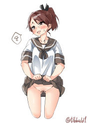 Rule 34 | 1girl, black ribbon, blush, brown eyes, brown hair, brown skirt, clothes lift, cowboy shot, cropped legs, ebifurya, female pubic hair, gluteal fold, groin, hair ribbon, highres, kantai collection, lifting own clothes, looking to the side, no panties, open mouth, pleated skirt, pubic hair, pussy juice, ribbon, school uniform, serafuku, shikinami (kancolle), short ponytail, short sleeves, simple background, skirt, skirt lift, solo, spoken squiggle, squiggle, sweat, twitter username, underwear, white background