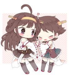Rule 34 | 10s, 2girls, ahoge, bad id, bad pixiv id, bare shoulders, brown hair, chibi, detached sleeves, double bun, closed eyes, green skirt, holding hands, heart, hiei (kancolle), kantai collection, kongou (kancolle), kyou (nekoneko), long hair, long sleeves, multiple girls, nontraditional miko, open mouth, pleated skirt, short hair, skirt, smile, wide sleeves