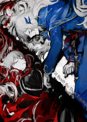 Rule 34 | 1boy, 1girl, angelica (project moon), argalia (project moon), black jacket, black sweater, bleeding from forehead, blood, blue cape, blue jacket, brother and sister, cape, closed eyes, closed mouth, collared jacket, gold trim, highres, jacket, library of ruina, long hair, lying, nishikujic, on back, on side, project moon, siblings, spoilers, stab, sweater, sword, very long hair, weapon, white hair