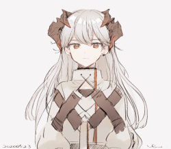 Rule 34 | 1girl, arknights, chest strap, closed mouth, commentary request, dated, dragon horns, earrings, figmnts, frown, horns, jewelry, long hair, looking at viewer, orange eyes, puffy sleeves, saria (arknights), shirt, signature, silver hair, simple background, single earring, solo, stud earrings, upper body, white background, white shirt