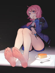 Rule 34 | 1girl, :t, absurdres, arknights, ass, bare legs, barefoot, between fingers, black shorts, blue eyes, blue jacket, blue poison (arknights), cake, cake slice, dart, feet, food, foot focus, foreshortening, hair over shoulder, hand up, highres, holding, hood, hood down, hooded jacket, jacket, jiachong jun z, knees up, long hair, long sleeves, looking at viewer, low twintails, pink hair, plate, shirt, short shorts, shorts, sitting, solo, thighs, toes, twintails, white shirt