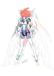 Rule 34 | 1girl, absurdres, ahoge, armor, blue eyes, bodysuit, breasts, covered navel, highres, humanization, kotobuki tsukasa, mecha musume, red hair, short hair, signature, small breasts, solo, standing, super robot wars, super robot wars original generation, valsione, white background, wings