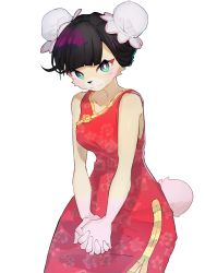 Rule 34 | 1girl, :3, animal crossing, aqua eyes, baburusushi, bare shoulders, bear tail, black hair, blunt bangs, breasts, bun cover, china dress, chinese clothes, closed mouth, collarbone, cowboy shot, double bun, dress, female focus, floral print, furry, furry female, hair bun, happy, highres, interlocked fingers, jpeg artifacts, looking at viewer, medium breasts, nintendo, own hands together, pekoe (animal crossing), red dress, short hair, simple background, sleeveless, sleeveless dress, smile, solo, standing, tail, v arms, white background
