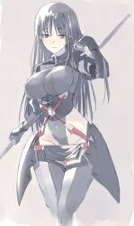 Rule 34 | 1girl, alice gear aegis, armor, black gloves, breasts, closed mouth, gloves, grey leotard, grey thighhighs, hand in own hair, highleg, highleg leotard, highres, holding, holding polearm, holding weapon, kagome misaki, large breasts, leotard, long hair, looking at viewer, mole, mole under eye, polearm, purple eyes, shrug (clothing), simple background, solo, suzumaru, thighhighs, weapon