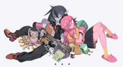 Rule 34 | 2girls, absurdres, adventure time, back-to-back, black hair, bmo, bracelet, colored skin, earrings, closed eyes, fangs, glasses, grey skin, guitar, highres, instrument, jewelry, knifedragon, leaning on person, looking at another, marceline abadeer, multiple girls, music, nail polish, necklace, parted lips, pillow, pink hair, pink skin, playing instrument, pointy ears, princess bonnibel bubblegum, red eyes, ring, skirt, sleeping, sleeping on person, slippers, smile, spiked bracelet, spikes, vampire