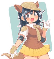 1girl, :d, armadillo ears, armadillo tail, bangs, blue background, blue eyes, blue hair, blush, breasts, brown headwear, brown vest, commentary request, contrapposto, cowboy shot, dutch angle, extra ears, eyebrows visible through hair, giant armadillo (kemono friends), gloves, hand up, hat, highres, index finger raised, ini (inunabe00), kemono friends, long hair, looking at viewer, medium breasts, necktie, open mouth, outline, pleated skirt, shirt, short sleeves, simple background, skirt, smile, solo, standing, vest, white background, white gloves, white outline, white shirt, yellow skirt