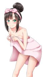 Rule 34 | 10s, 1girl, black hair, blunt bangs, blush, breasts, collarbone, commentary request, green eyes, hair bun, hair up, hairband, highres, holding, holding towel, kurosawa dia, leaning forward, looking at viewer, love live!, love live! sunshine!!, mole, mole under mouth, naked towel, pink towel, sidelocks, simple background, single hair bun, small breasts, smile, solo, standing, towel, white background, yopparai oni