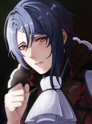 Rule 34 | 1boy, alcryst (fire emblem), ascot, black background, blue hair, fire emblem, fire emblem engage, hair between eyes, hair ornament, hairclip, high collar, highres, looking at viewer, male focus, nintendo, red eyes, short hair, solo, tori art07, white ascot