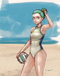 Rule 34 | 1girl, alternate hairstyle, armpits, ball, beach, beach volleyball, breasts, competition swimsuit, cowboy shot, darren geers, eureka (eureka seven), eureka seven, eureka seven (series), green hair, half updo, highres, ocean, one-piece swimsuit, purple eyes, small breasts, solo, swimsuit