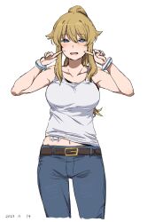 Rule 34 | 1girl, :d, andreanof pepesha, bare shoulders, belt, blonde hair, blue eyes, blush, breasts, brown belt, collarbone, cropped legs, dated, denim, grey background, hair between eyes, highres, jeans, large breasts, navel, open mouth, pants, pointing, pointing at self, ponytail, shirt, shy (series), simple background, smile, solo, sweatdrop, takatisakana, teeth, upper teeth only, white shirt