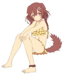 Rule 34 | 1girl, absurdres, alternate costume, animal ears, ankle cuffs, bare legs, barefoot, bikini, bikini skirt, blush, bone hair ornament, braid, brown hair, closed mouth, commentary, dog ears, dog girl, dog tail, expressionless, frilled bikini, frills, full body, hair between eyes, hair ornament, hands on own knees, highres, hololive, inugami korone, invisible chair, knees together feet apart, looking at viewer, medium hair, midriff, navel, orihiro0614, panties, red eyes, side braids, simple background, sitting, solo, swimsuit, tail, twin braids, underwear, virtual youtuber, white background, white panties, yellow bikini